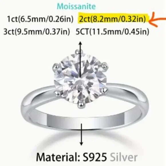 925 Silver Inlaid 2 carats Moissanite Ring - Picture 8 of 9